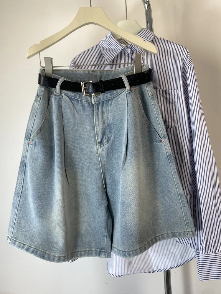 

High Waist Wide Leg ort Jeans A-Line Five Minutes Cover Hip Slimming Summer New Women Loose Trousers Cool Feeling