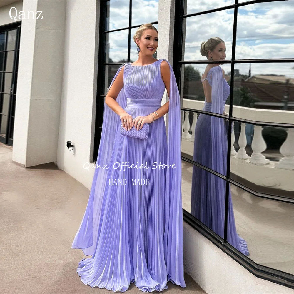 Qanz Formal Lavender Long Evening Dresses Cape Sleeves Chiffon Party Dress Ladies Dresses for Special Occasions Customized