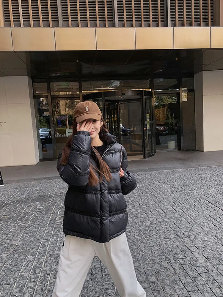 

Limited Time Glitter Tead Strap Collar Cotton Jaet Women Winter Small ence High-End Loose Slimming Bread Coat