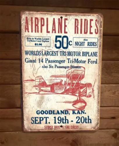 1 pcs,Vintage Look 50 Cent Airplane Rides Goodland KA 8x12 Metal Wall Sign Poster