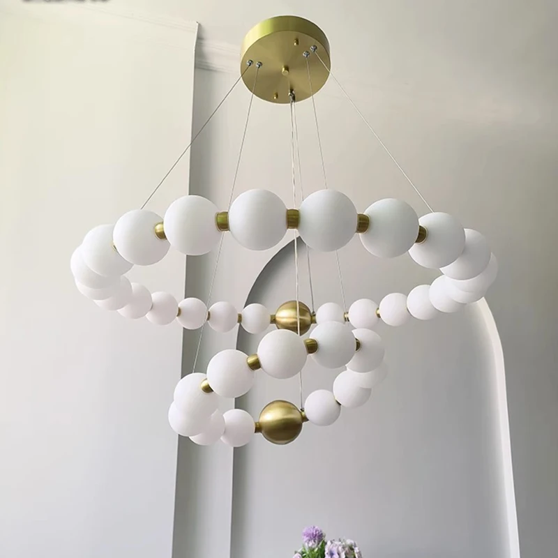 

Modern Gold Ring-shaped Ring-shaped LED Pendant Lights White Acrylic Ball Hanging Lamp Living Room Restaurant Bedroom Chandelier
