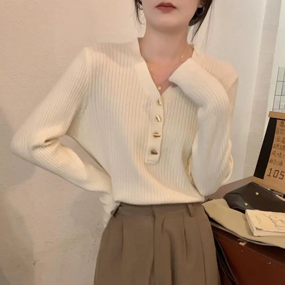 V-neck Knitted Bottoming Shirt Elegant V Neck Knitted Sweater for Women Slim Fit Long Sleeve Fall Blouse Soft Warm for Winter