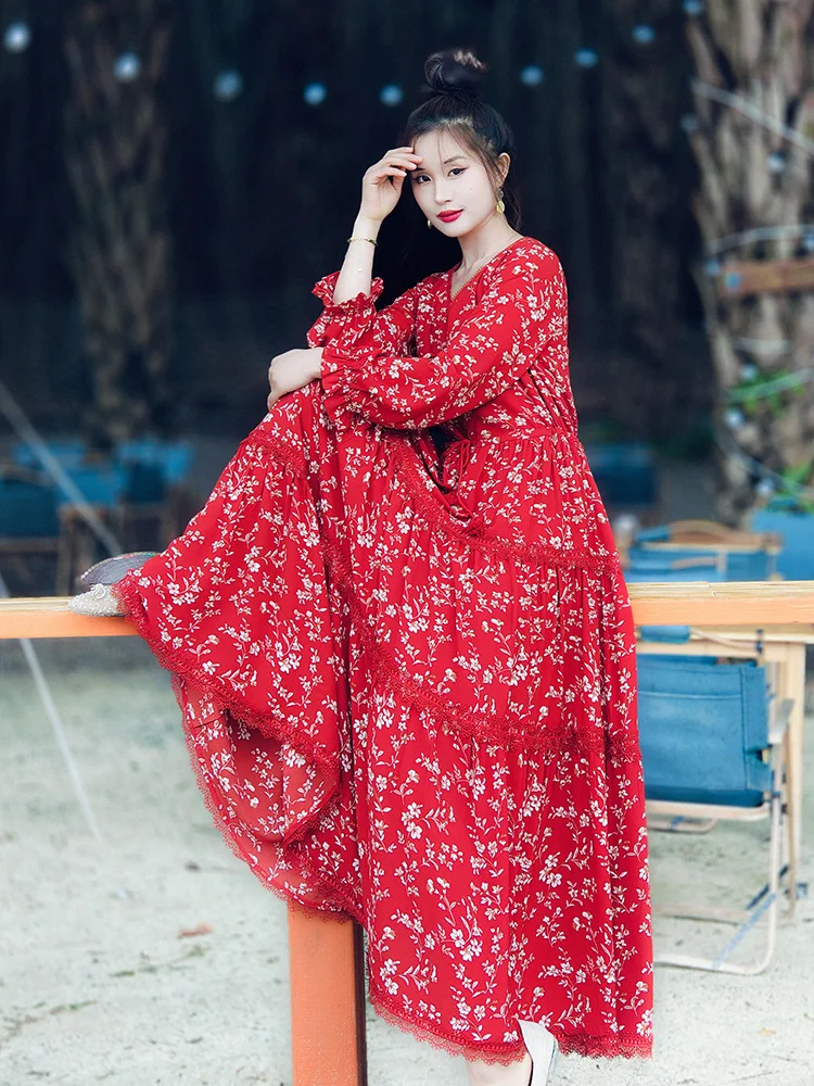 

TIYIHAILEY Women Long Maxi Dress Chiffon Lace Spring Lantern Full Sleeve Printed Red S-L Autumn New 2024 Fashion V-neck