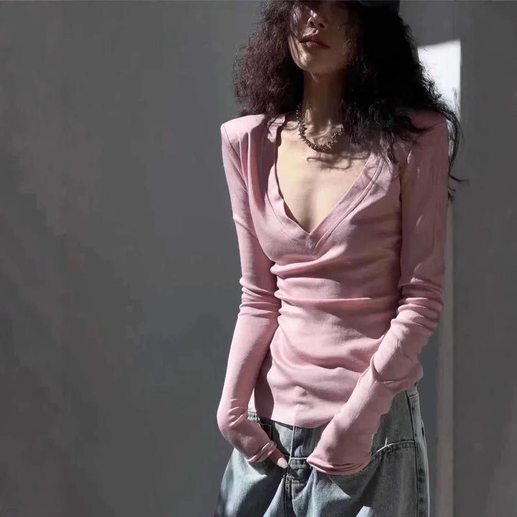 

2026 Spring Summer New American Style V Neck Long Sleeve Top Women Spice Girl Slim Fit Sheer Knit Base Layer T shirt