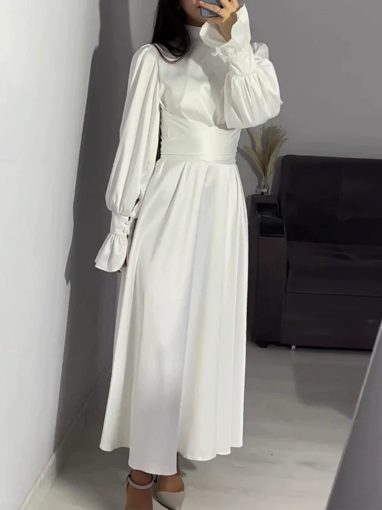 Robe longue en Satin pour femmes, mode printemps-automne, Simple, col rond, manches évasées, à lacets, coupe cintrée, Sexy, robe de soirée