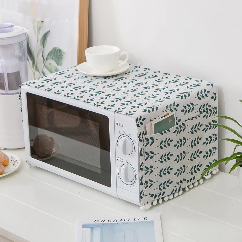 

Dustproof Microwave Oven Cover in Green Wheat Design Premium Cotton Linen Fabric with Pocket Side for Storage Fits Multiple