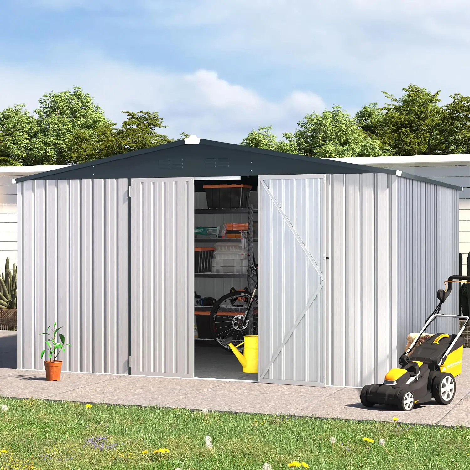 12x10 Large Metal Outdoor Garden Storage Shed Tool Shed Lockable for Backyard Outside Use White, Customized