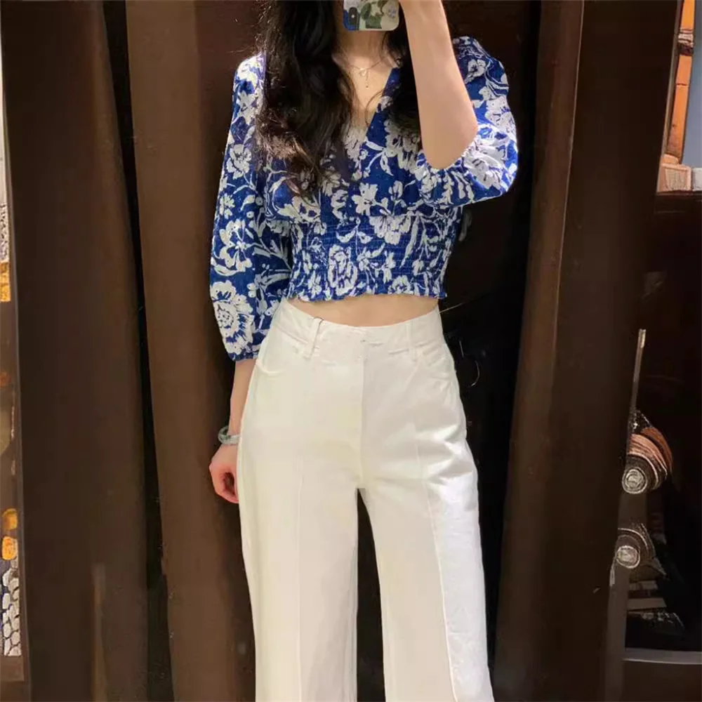 Fashion Blue Printed Short Shirt for Women Summer Retro Lantern Long Sleeve Deep V Neck Crop Tops Female Clothing