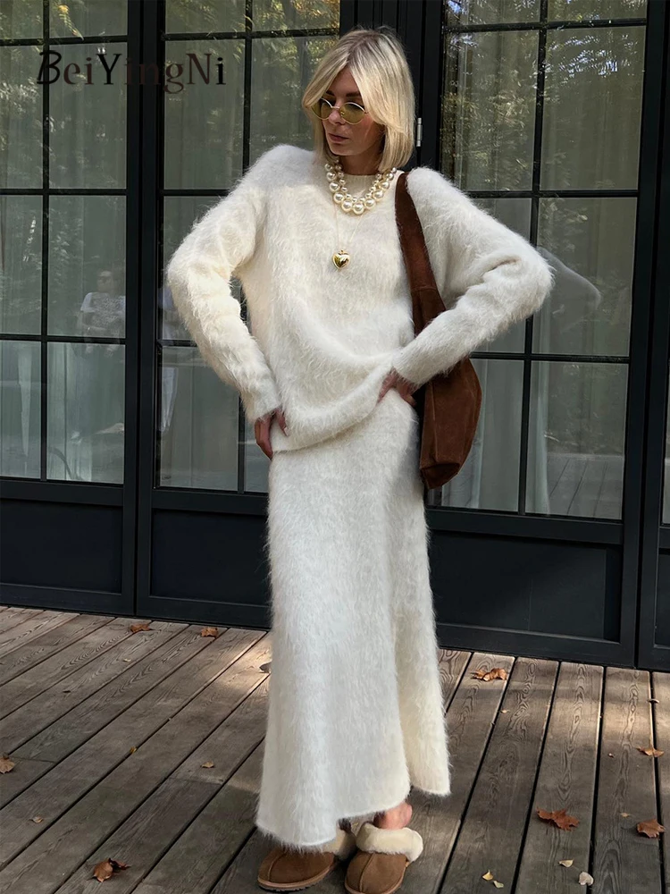 

Beiyingni женский пуловер, свитер, юбки, комплекты из 2 предметов, осень-зима, теплые повседневные вязаные элегантные одинаковые комплекты для женской одежды