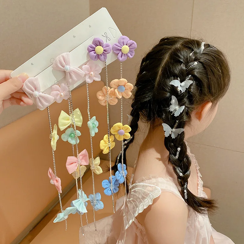 Color Flower Side Barrettes Bow Braided Hair Chain Pearl Butterfly Hair Chain Girls Baby Hairpin Hair Accessories Wholesale