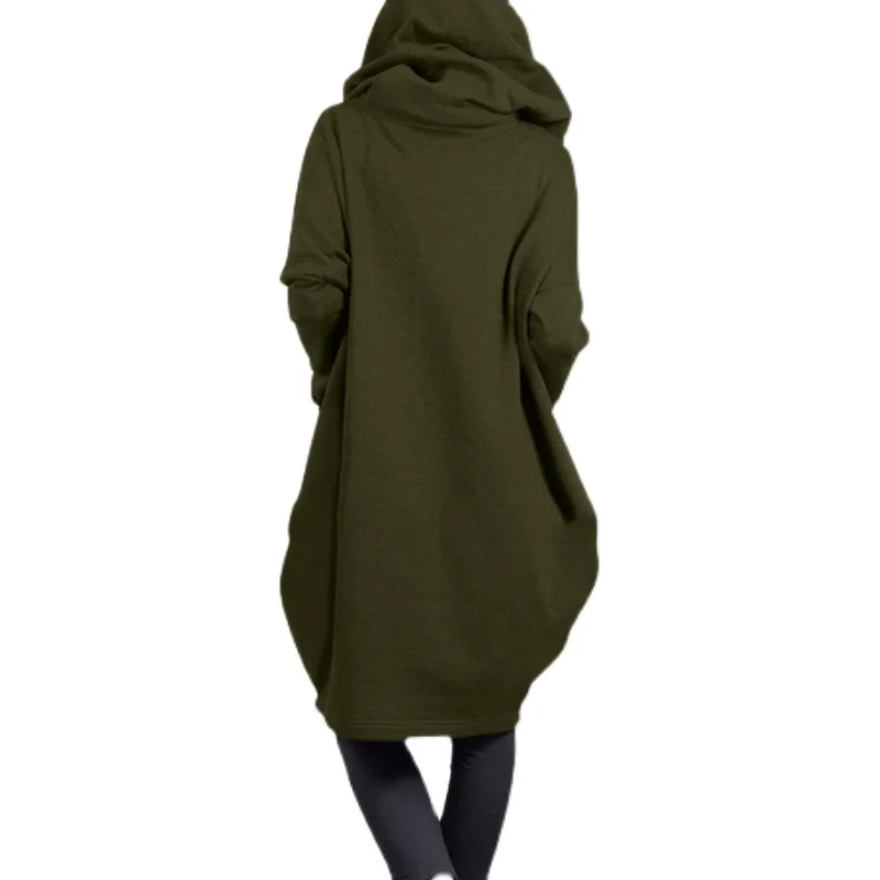 

Hooded ket Sweatirt Jaet Zipper Mid-Length Loose Outerwear Women Street Sle Cotton 00% Long Sve Pure Color