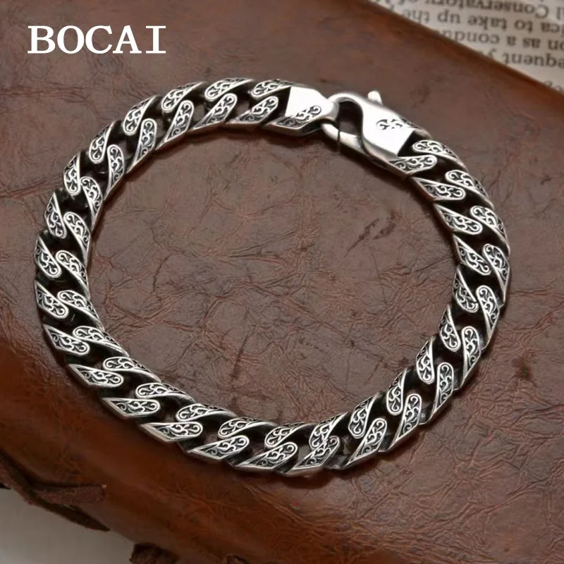 BOCAI New  S925 Sterling Silver Vintage Personalized Punk Trendy Cuban Chain Vine Grass Pattern Bracelet Men