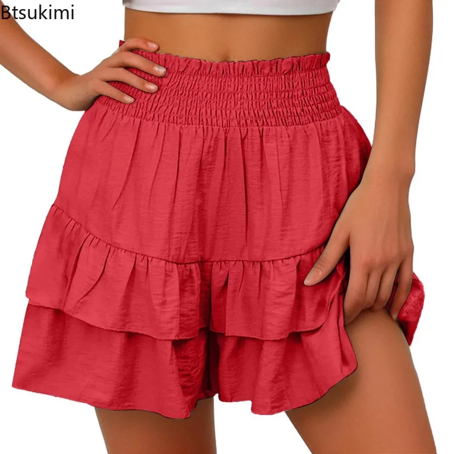 

2024 New Women's Pleated Elastic High Waist Shorts Summer Loose Ruffled Hem Casual Pantskirt Ladies Versatile Mini Skirt Shorts