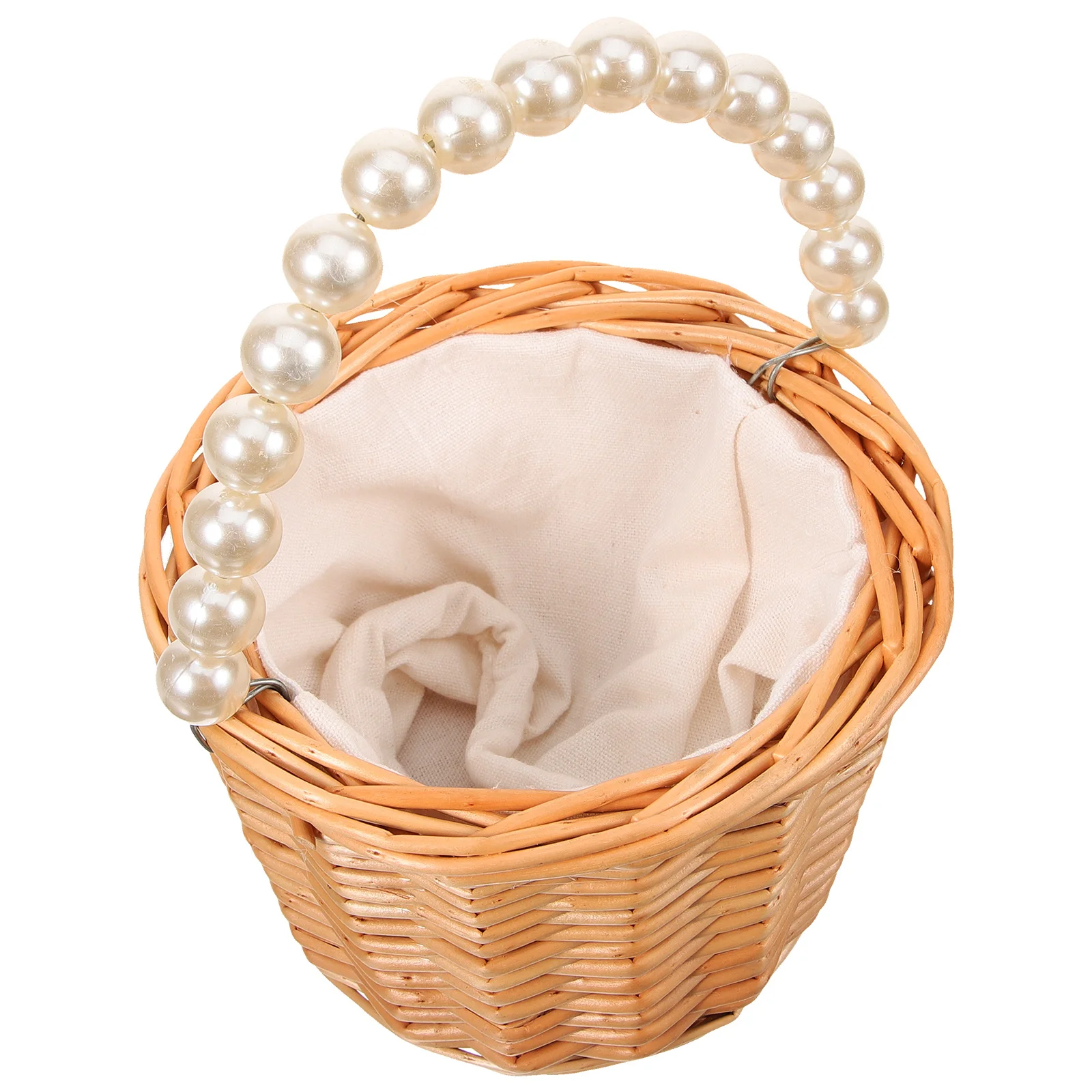

Handheld Wicker Flower Basket Small Size Pearl Handle Decorative Storage Basket for Wedding Gift Fruit Picking