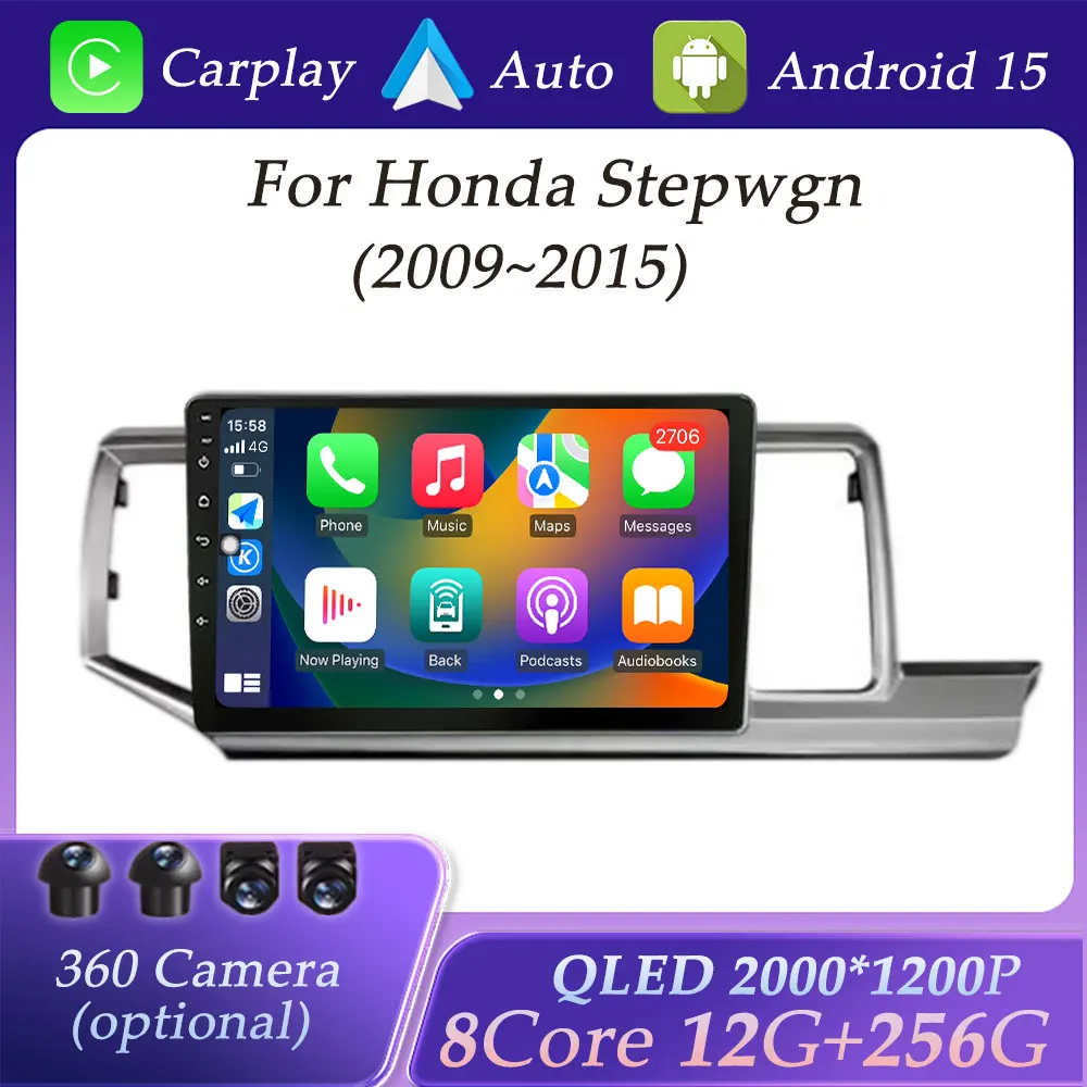 For Honda Stepwgn 2009-2015 Wireless CarPlay Car Radio Video Audio Multimedia Player GPS Navigation QLED Screen Split Screen BT