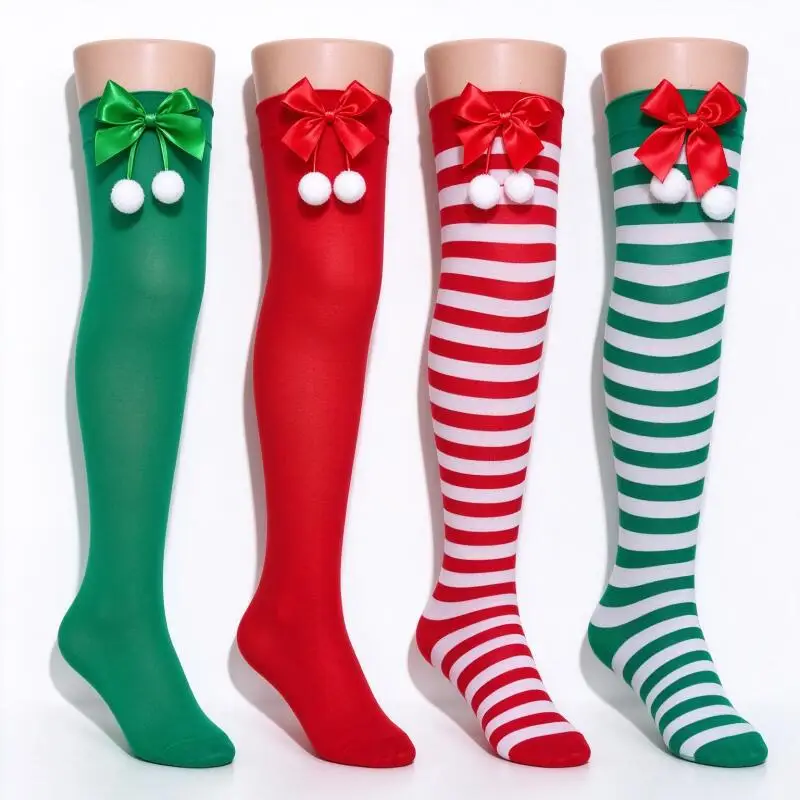 Christmas Red White Striped Leg Warmers Women Bowknot Over Knee Socks Fluffy Ball Y2K Harajuku Gothic Punk Streetwear Cosplay
