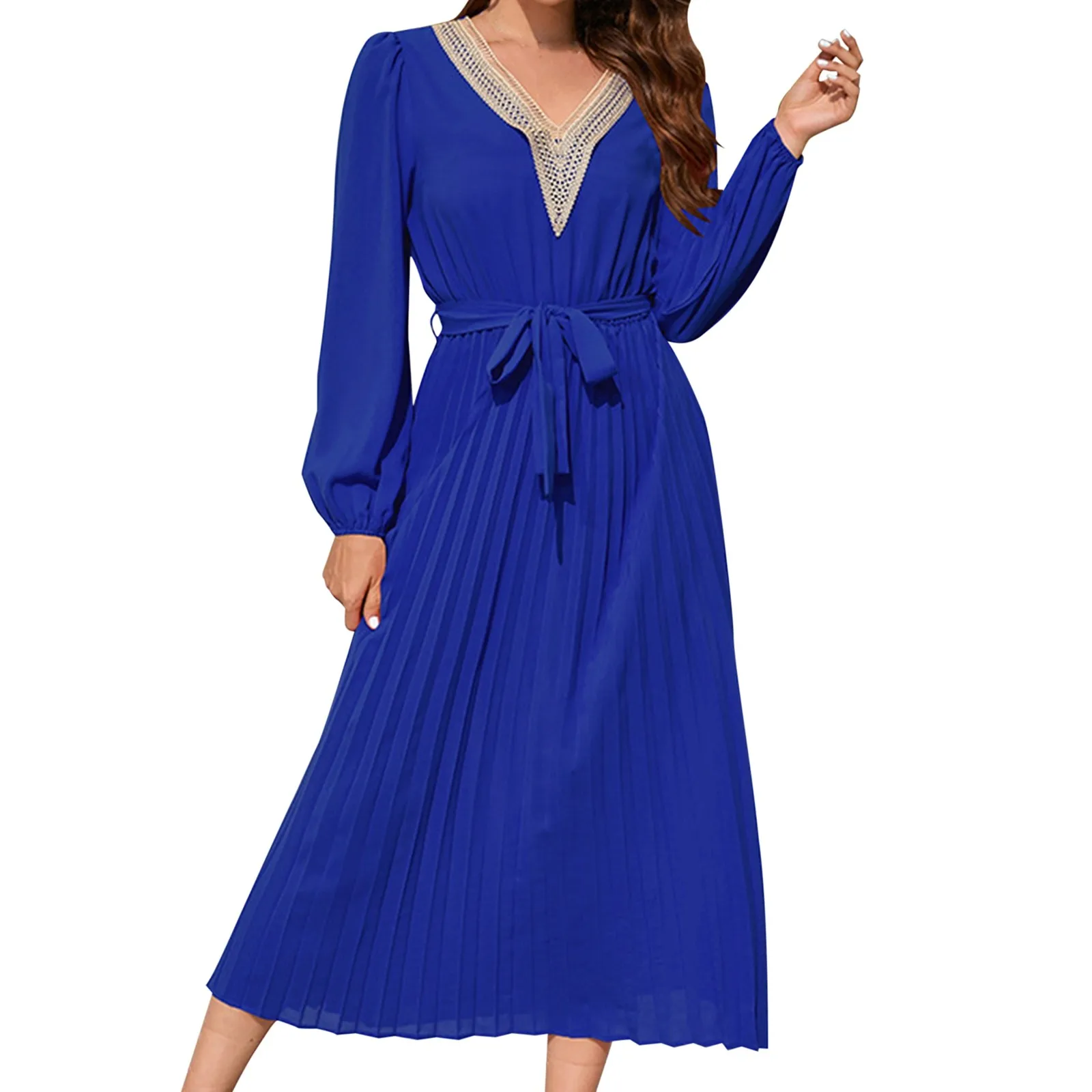 

2023 New Women Spring Autumn A Line Dresses V Neck Lace Up High Waist Ruffle Edge Long Dress For Ladies Solid Color Vestidos