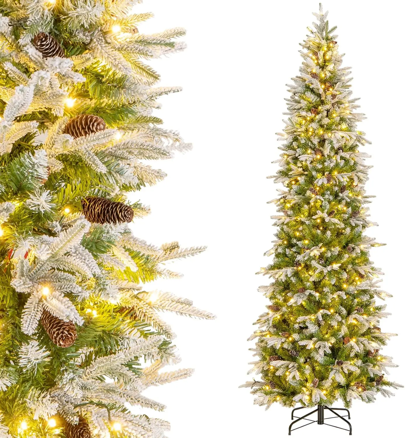 

Pre-Lit Pencil Christmas Tree 9 FT, Hinged Artificial Flocked Xmas Tree with 1310 PE & PVC Branch Tips, 470 Warm White L
