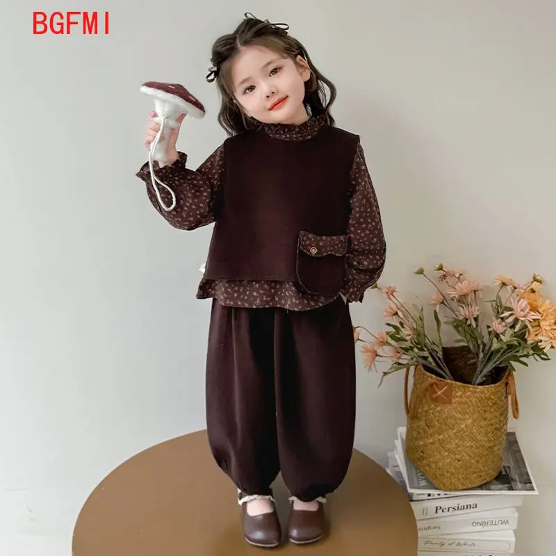 

Корейский повседневный комплект одежды для девочек: модный костюм на весну-осень 2026 года, новый, с цветочным принтом, топ+жилет+брюки, 3 предмета, для детей 2-10 лет