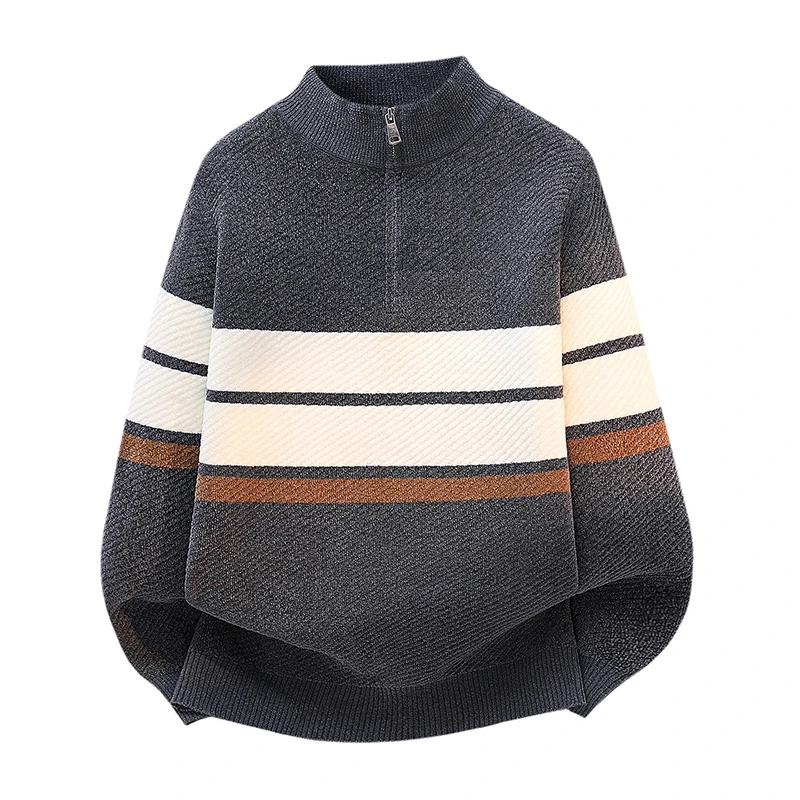 High Quality Fashionable and Simple Half Zipper stripe Sweater Men's Autumn and Winter Knitted Sweater Casual Pullover Top