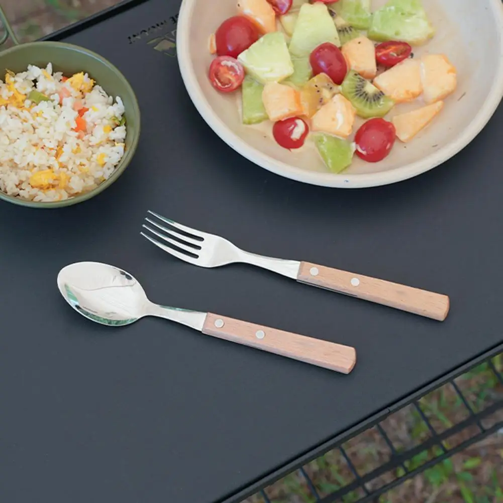 ملعقة شوكة من الفولاذ المقاوم للصدأ بمقبض طويل، مجموعة أدوات مائدة محمولة قابلة للطي من الفولاذ المقاوم للصدأ مع خشبية للمشي لمسافات طويلة في الهواء الطلق #5