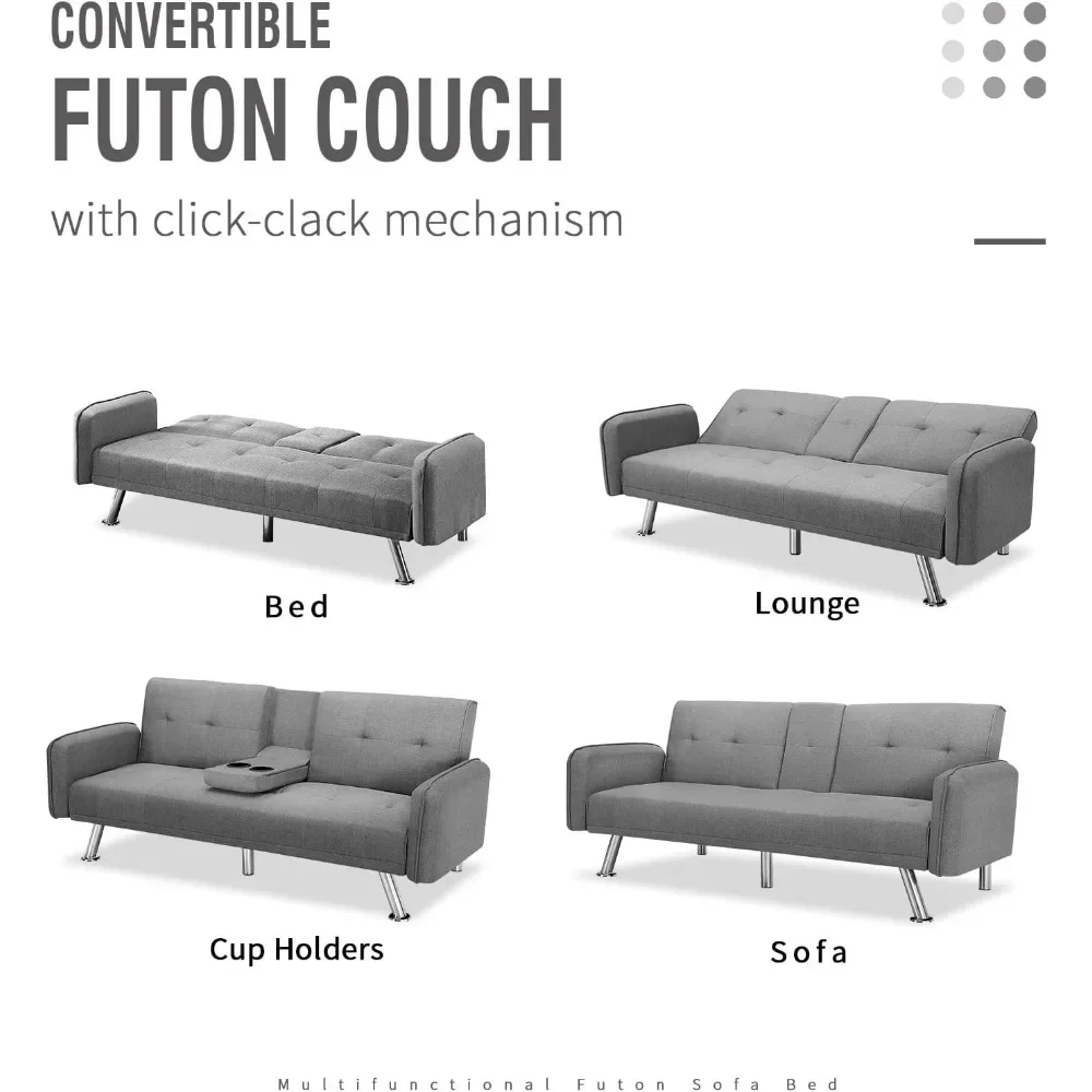 Диван-кровать Futon, диван-трансформер с 2 держателями для чашек, Ловец с подлокотником для студии, квартиры, офиса, гостиной, цвет светильник Grey