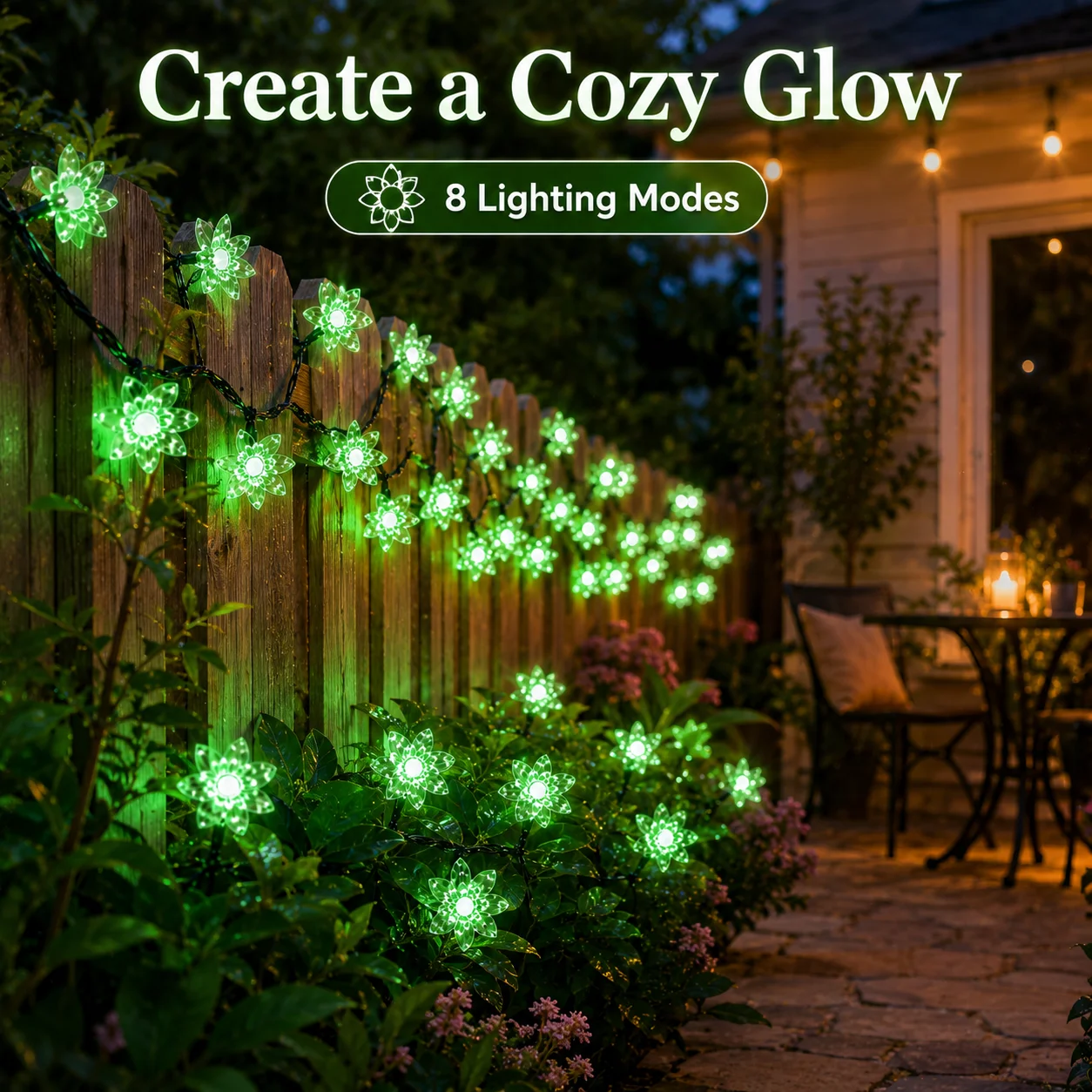 Solar Lotus String Lights 5M/20LED 7M/50LED 12M/100LED Green 8 Modes Auto On for Garden Patio Fence Pathway Party Christmas Deco