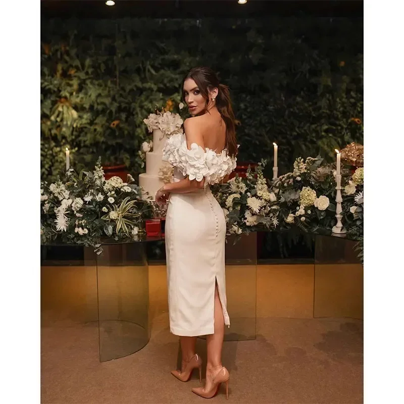 Customized Off Shoulder Straight Prom Dresses Handmade Flowers Slit Buttons Back Evening Dress Tea Length Wedding Party Dresses