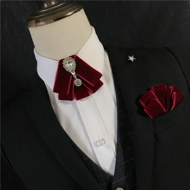 Vintage Herren Samt Diamant Fliege Set Britischer Stil Männer Hochzeit Fliege Taschenhandtuch Kleider Formeller Anzug Hemd Accessoires Geschenke