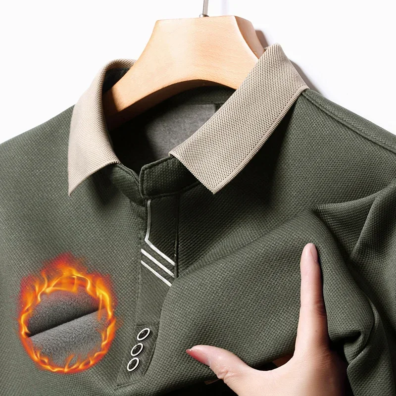 Winter Men Fleece Keep Warm Solid Long Sleeve Polo Shirts T-shirt Lapel Button Dad Costume Fashion Casual Thicken Top Male