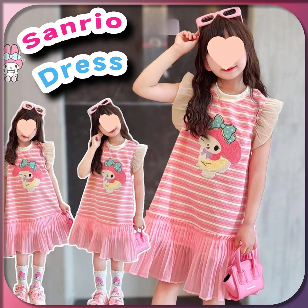 Kawaii My Melody Kid Striped Dress Sanrio Anime Cartoon Cinnamoroll Kuromi Children Cute Fashion Ruffled Skirt for Girls