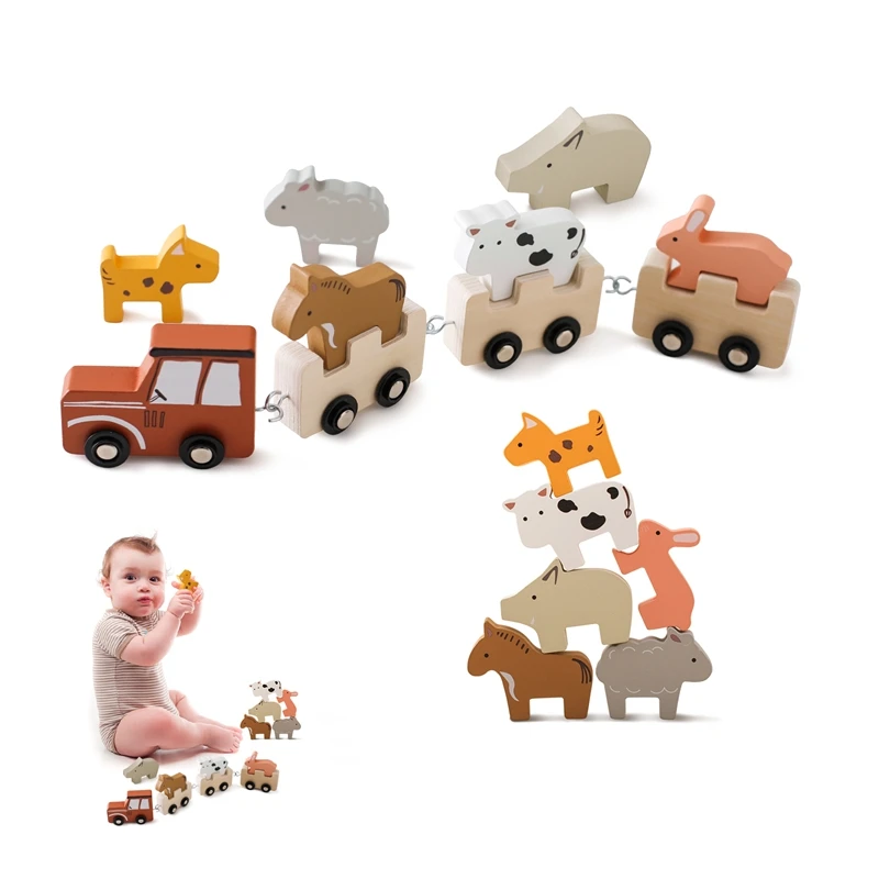 Baby Wooden Building Blocks Train Farm Animal Stacking Educational Toy Blocks Game Hands-on Queuing Ability Educational Kid Gift