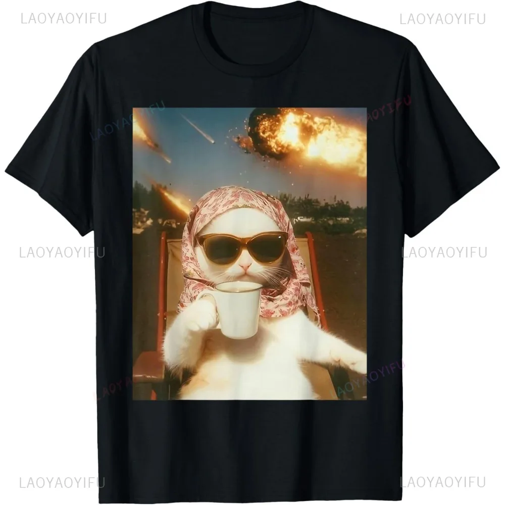 Funny Cat Volcano Graphic Printed Internet Meme T-Shirt Casual Fsahion Loose Harajuku Man Tshirt Cotton Short Sleeve Women Tees