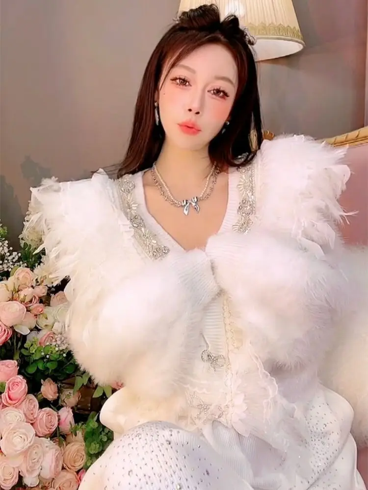 Trendy Beaded Diamond Feather Cute Fairy White Sweater for Women Autumn Winrer All-match V-neck Loose Knitted Cardigans Coat