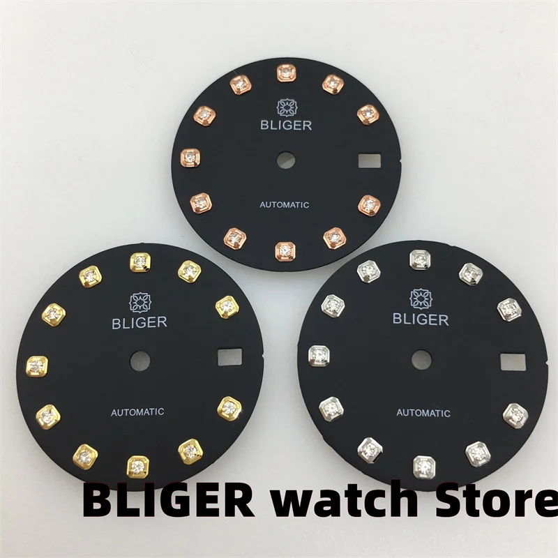 BLIGER Części do zegarków Zegarek 29 mm Diamentowa tarcza indeksująca Czarna, biała, niebiesko-zielona tarcza pasuje do mechanizmu automatycznego NH35A NH36A