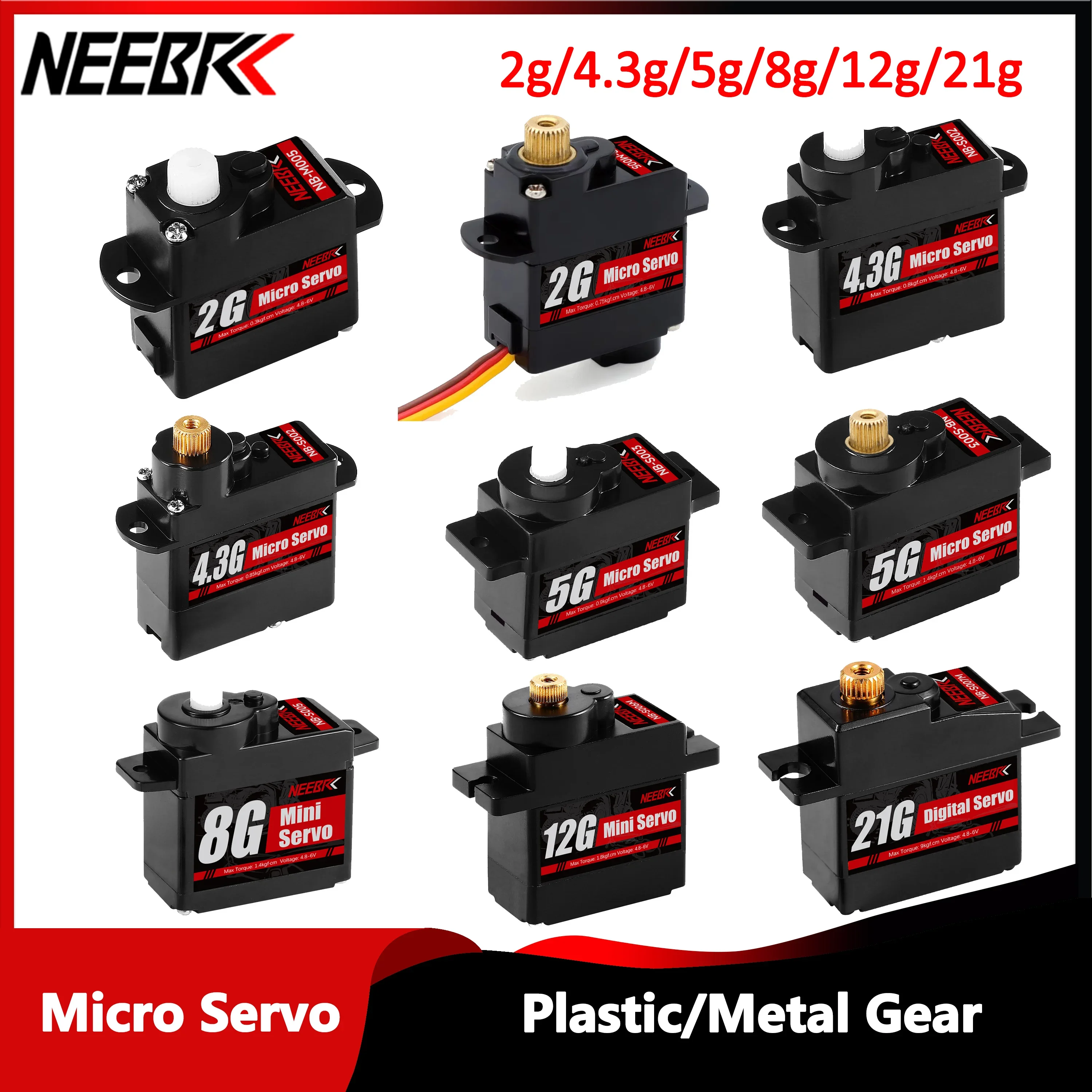 

NEEBRC 2g 4.3g 5g 8g 12g 21g Metal/Plastic Gear Mini Micro Servo for RC Car Dron Plane Helicopter Glider Robot Wltoys