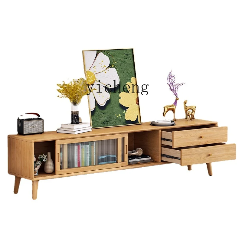 

ZC TV Cabinet Nordic Solid Wood Tea Table Combination Set Small Apartment Retractable High Cabinet