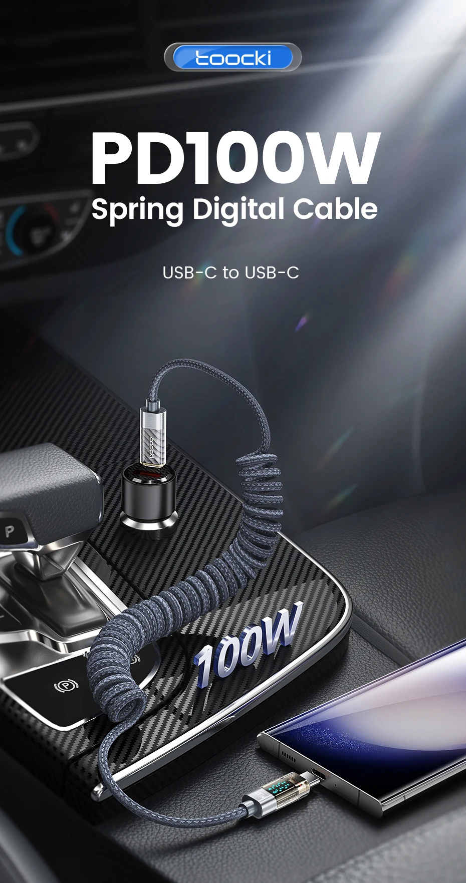 Toocki Coiled USB Type C Lightning Cable Digital Display Spring 100W Fast Charing Type C Charger Cord for Mobile Phones Laptops