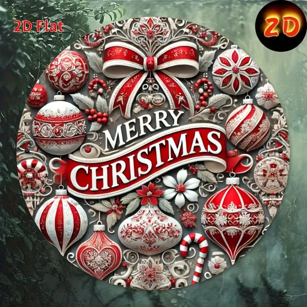 2D شقة 1PC عيد ميلاد سعيد جولة معدن القصدير علامة - مقاومة للخدش بالأشعة فوق البنفسجية، تصميم إكليل قصب الحلوى، ديكور عطلة داخلي في الهواء الطلق #6