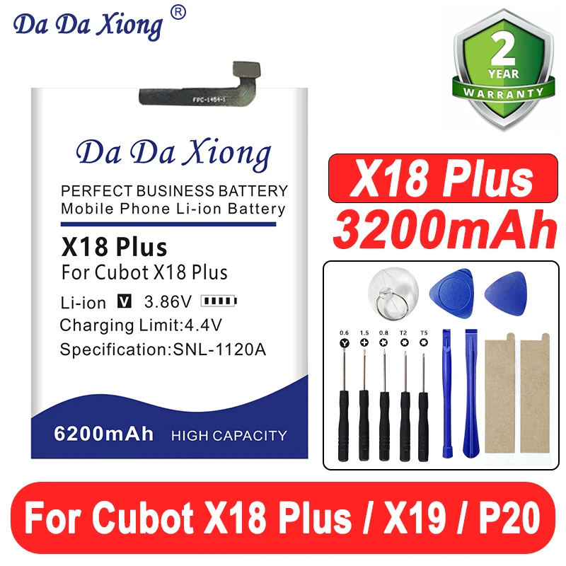 Сменный аккумулятор емкостью 6200 мАч для Cubot X18 Plus X18Plus/X19/P20, бесплатные инструменты Сменный аккумулятор емкостью 6200 мАч для Cubot X18 Plus X18Plus/X19/P20, бесплатные инструменты