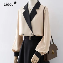 Suit Collar Chiffon Shirt Women's Spring 2022 New French Chic Blouse Shirt Design Niche Color Stitching Casual Shirt for Female