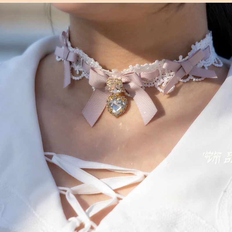 

Кружевное колье ручной работы с жемчугом в стиле Лолиты для девочек, цепочка на ключицы, милое колье-подвеска в форме сердца для женщин, аниме, ювелирные изделия для косплея