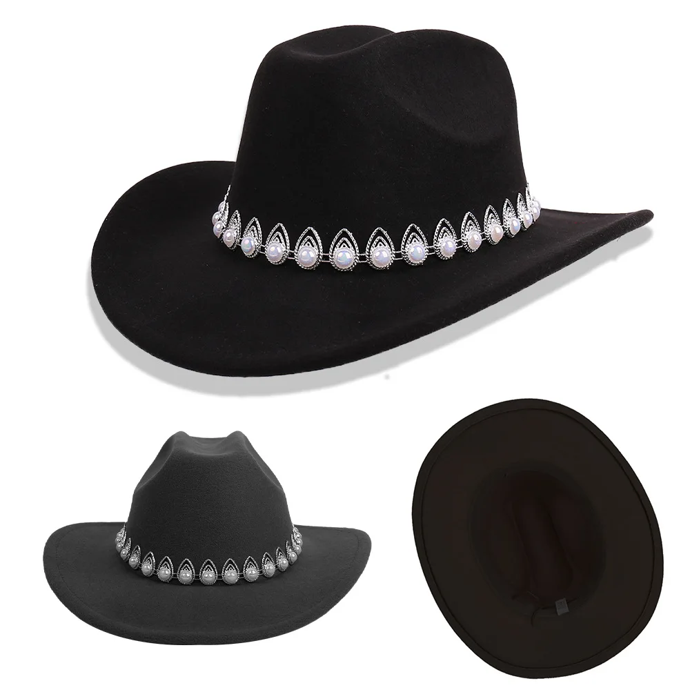 Solid Color Cowboy Jazz Hat with Pearl Chain Decoration Retro Versatile Western Top Hat for Women Wedding Match Daily Outgoing