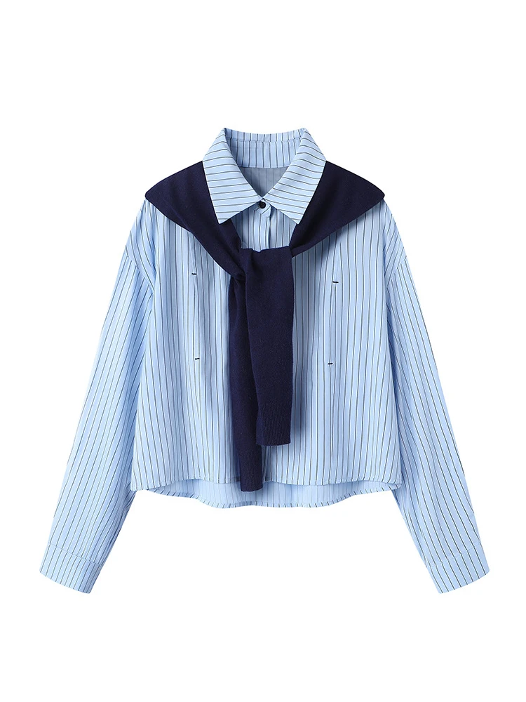 طقم نسائي أنيق من قطعتين بجودة أصلية، قميص محبوك مخطط وشال، أسلوب كوري عصري بأكمام طويلة وياقة بولو