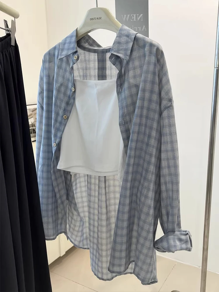 Retro Blue Plaid Women's Summer Thin Shirt Loose Lazy Outerwear Cardigan Spring Autumn Sun Protection Female Fashionable Casu...