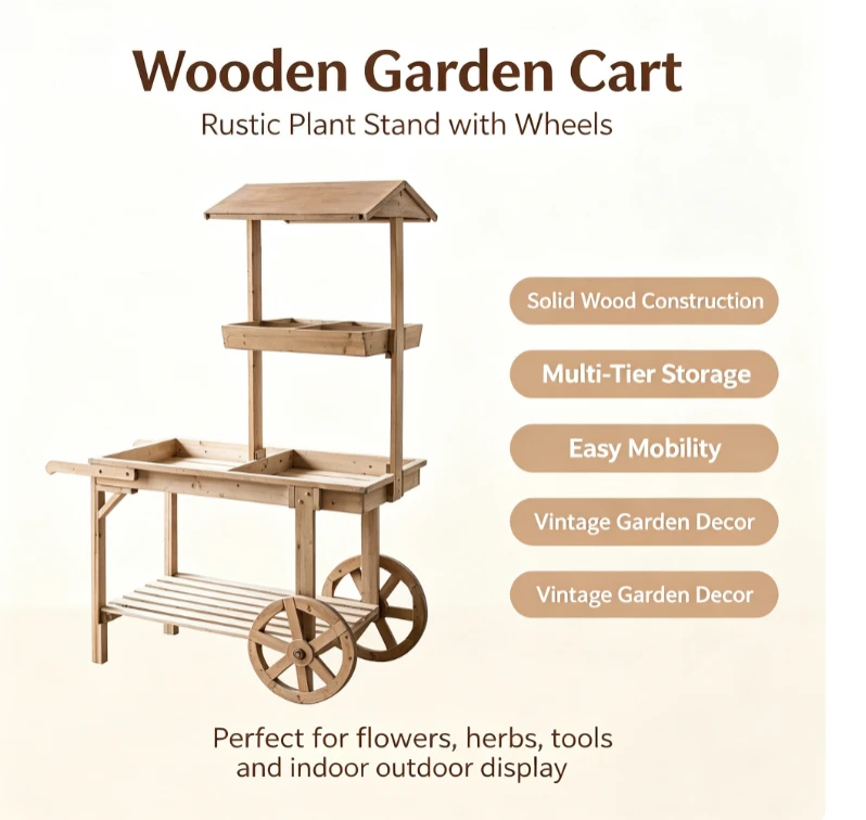 Antique Solid Wood Retail Display Wagon 3 Tier Shelves Rolling Merchandise Stand for Flower Shop Craft Fair Booth Home Entryway