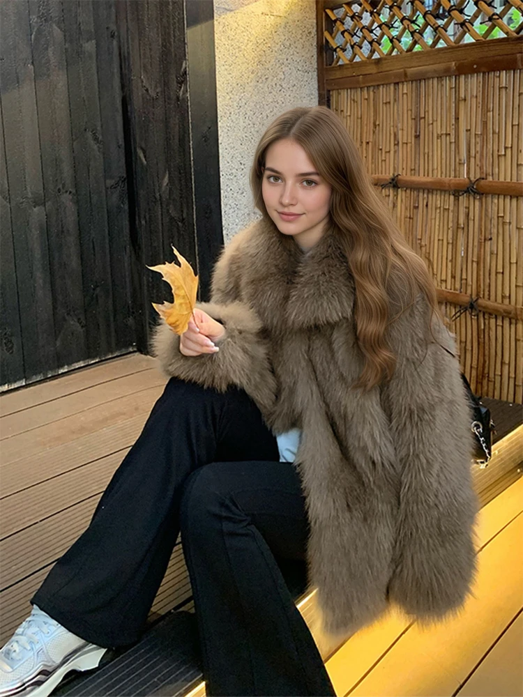 Ladies Faux Fox Fur Coat Long Sleeve Lapel Collar Fluffy Thick Warm Short Mid 2026 Fall Winter Daily Street Fashion Outerwear