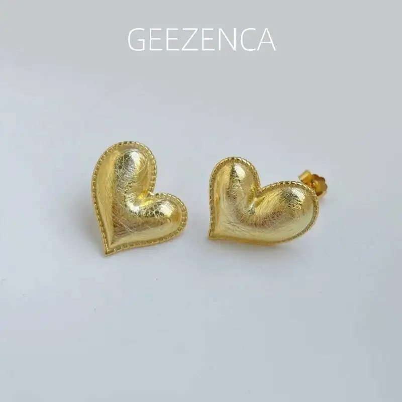

GEEZENCA 925 Sterling Silver Heart Shaped Asymmetric Earrings For Women French Style Simple Love Earrings Gold Plated 2023 New