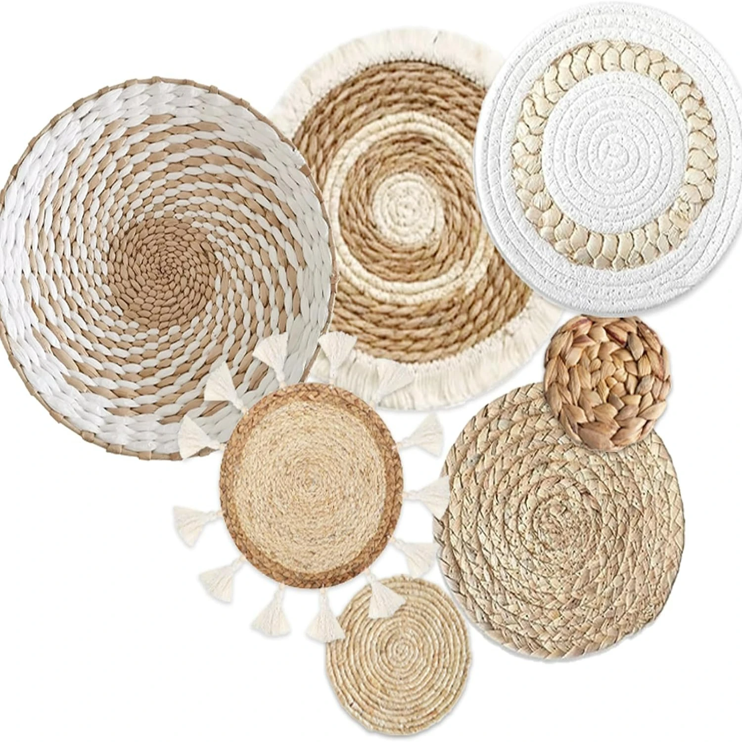 

Elegant Boho Wall Basket Decor - Handmade Seagrass Rattan Wicker Wall Art Set of 7 Pieces - Rustic and Flat Hanging Decoration f