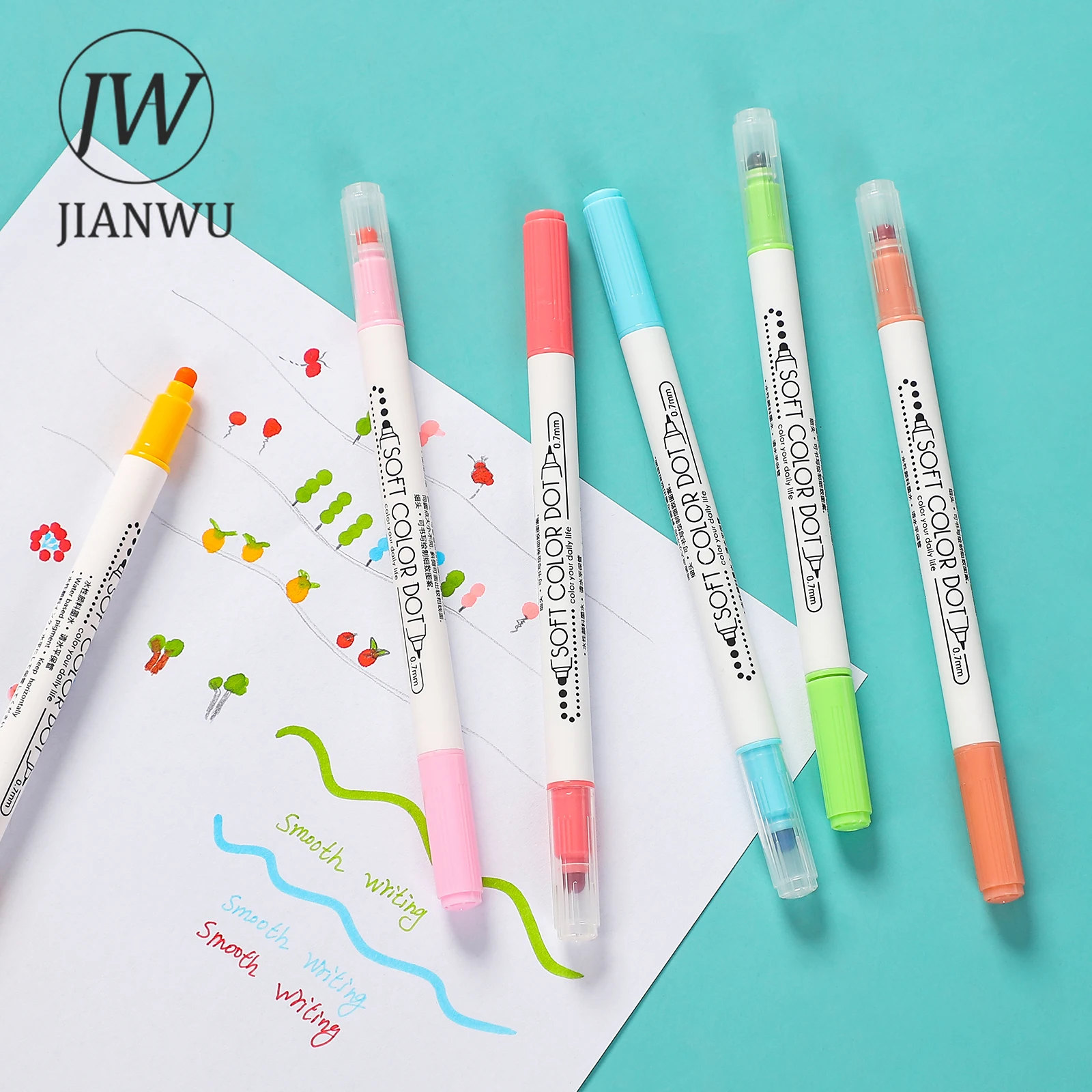 JIANWU 6Pcs/Set Cute Creative Double Head Highlighter Polka Dot Soft Color Pen Student Drawing Marker Kawaii Stationery Supplies